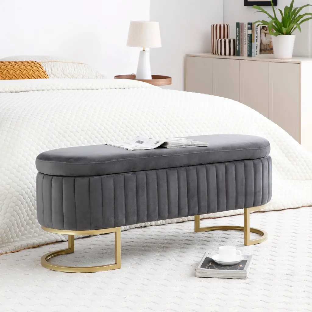 Velvet Oval Upholstered Storage Bench Bedroom End Bed Furniture aijiafurniture