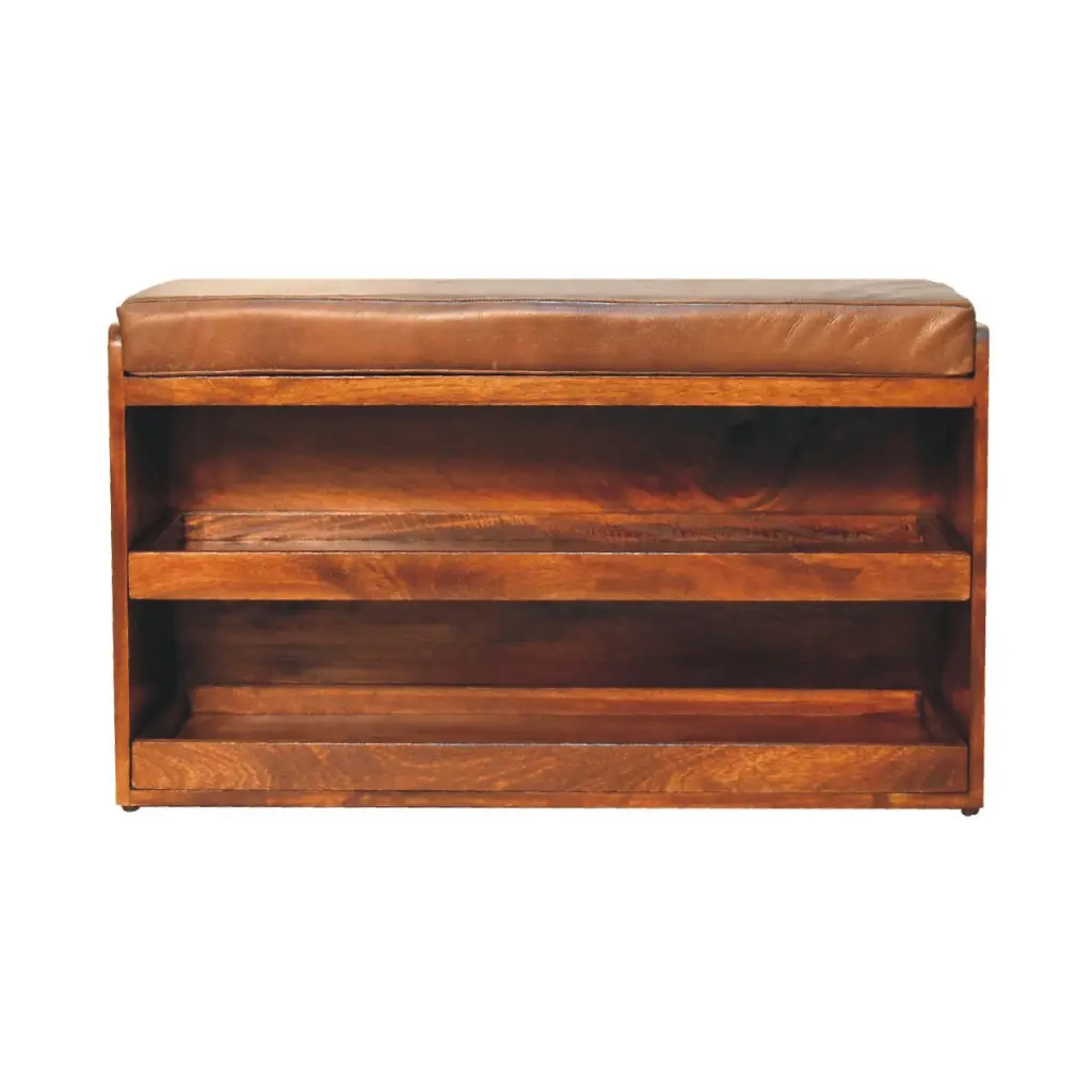 Buffalo Hide Pull Out Chestnut Shoe Storage Bench Leather Ottoman artisan furniture