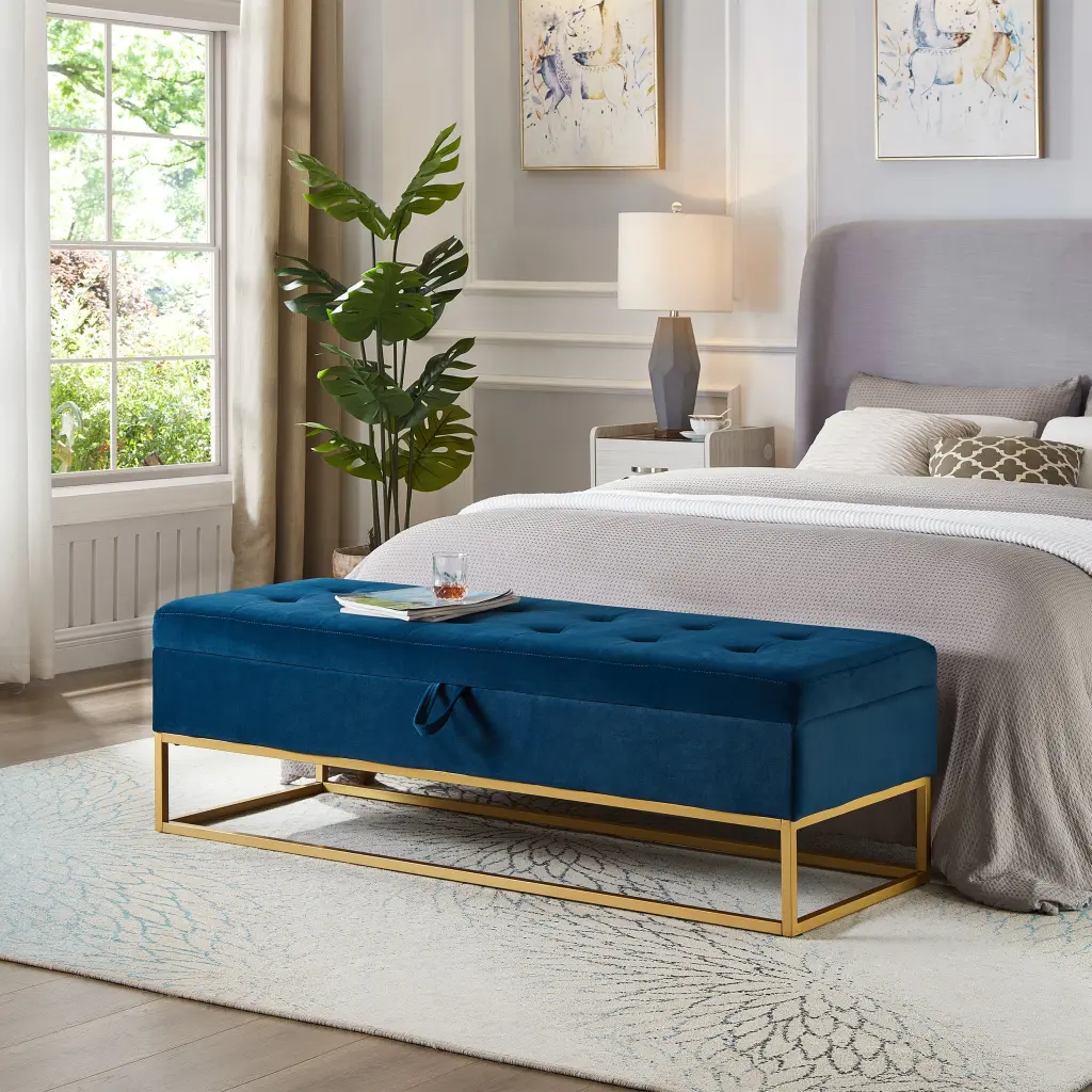 58.6 Inch Bed Bench Storage Navy Blue Velvet Upholstered Metal Base hdf store
