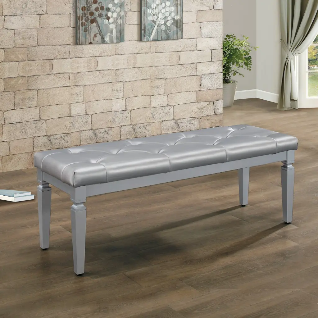 Modern Glam Silver Finish Bench Tufted Seat Foam Cushioned Faux Leather kanepe
