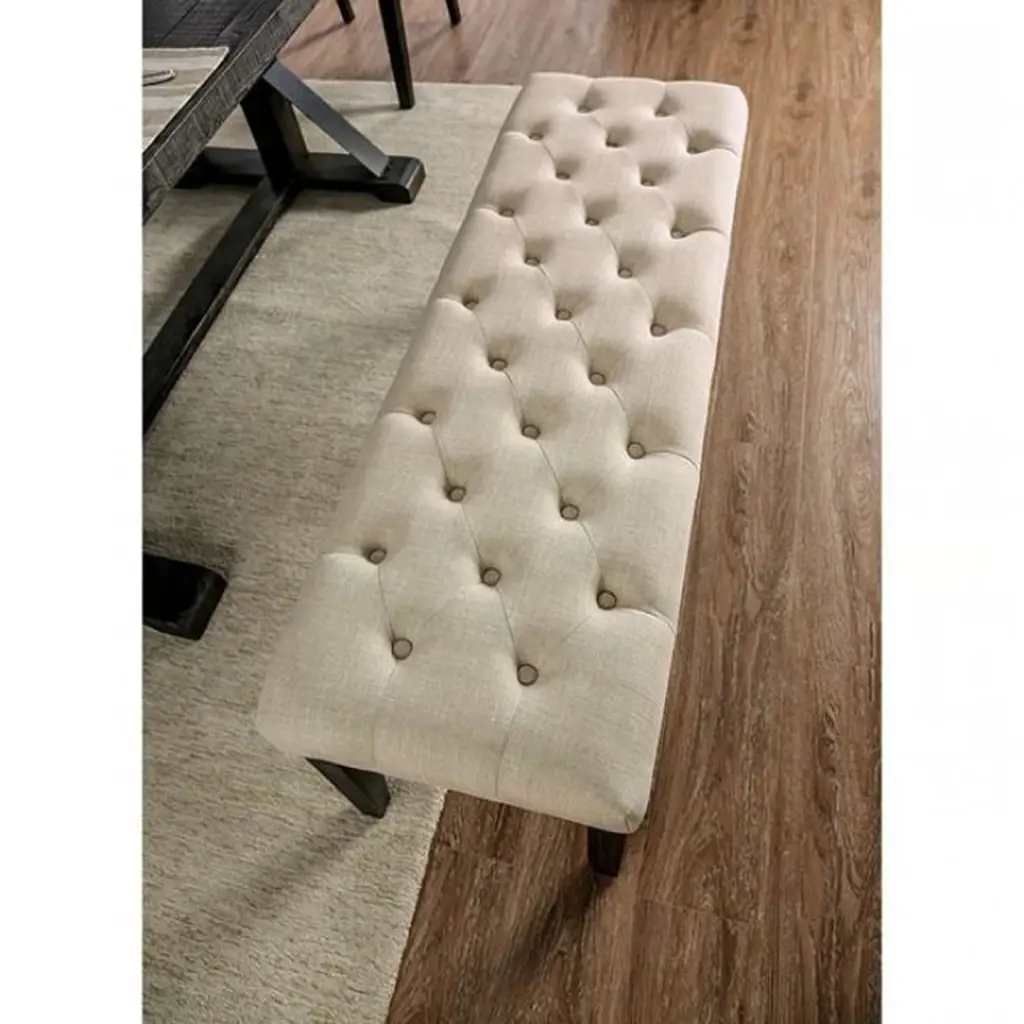 Timeless Ivory 1Pc Bench Button Tufted Linen Like Fabric Solid Wood Chaise Lounge kanepe