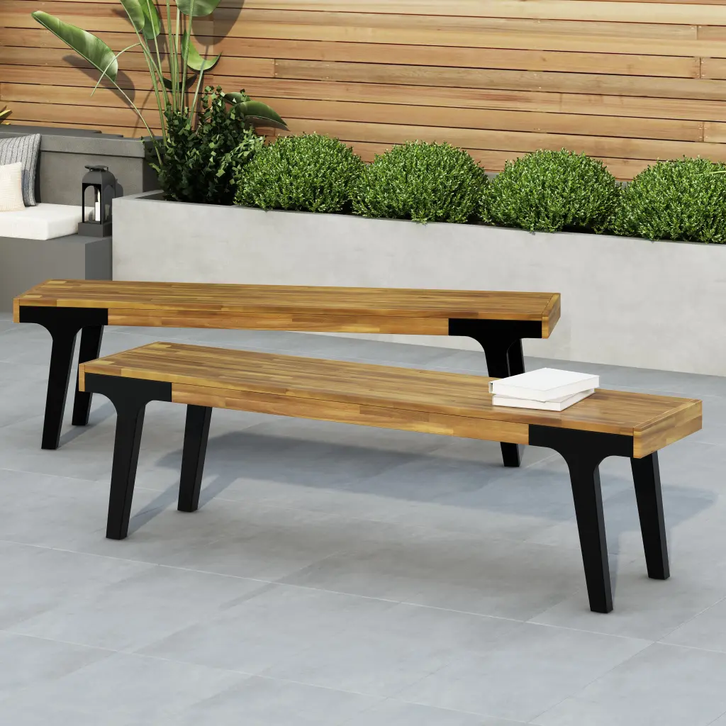 Bench Set 2 Teak Wood Outdoor Garden Patio Seating nh-perfect home