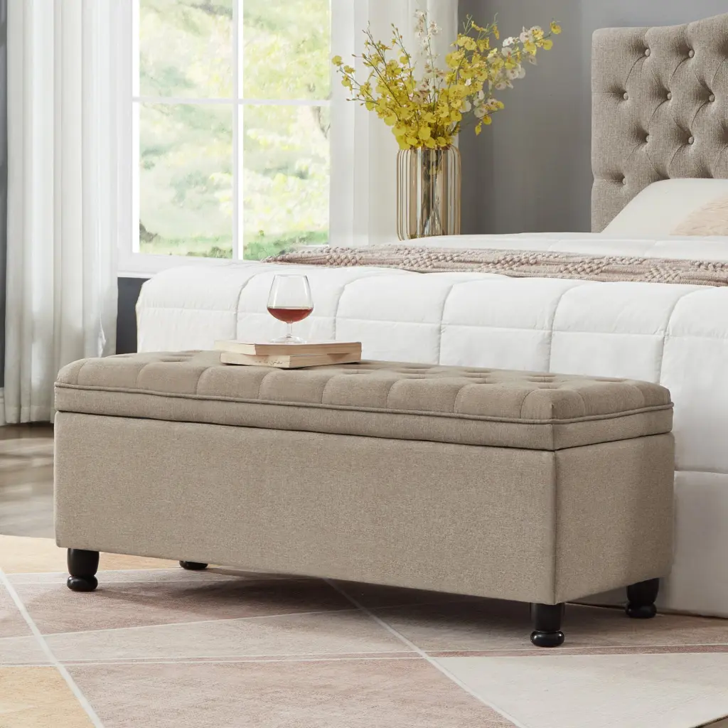 Upholstered Tufted Button Storage Bench, Linen Fabric Entry Bench Seat wm home furniture