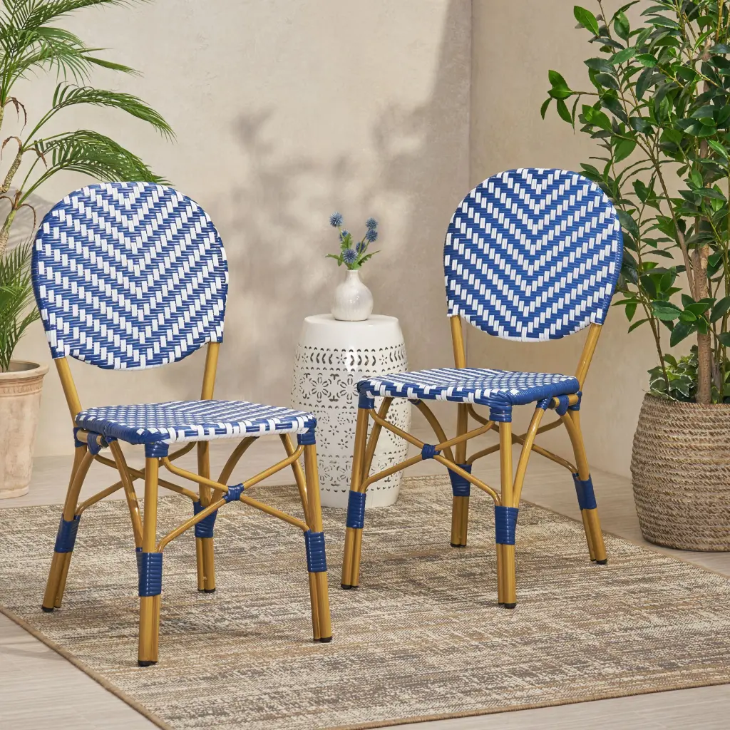 French Bistro Chair White and Blue Rattan Kitchen or Dining nh-bc furniturings