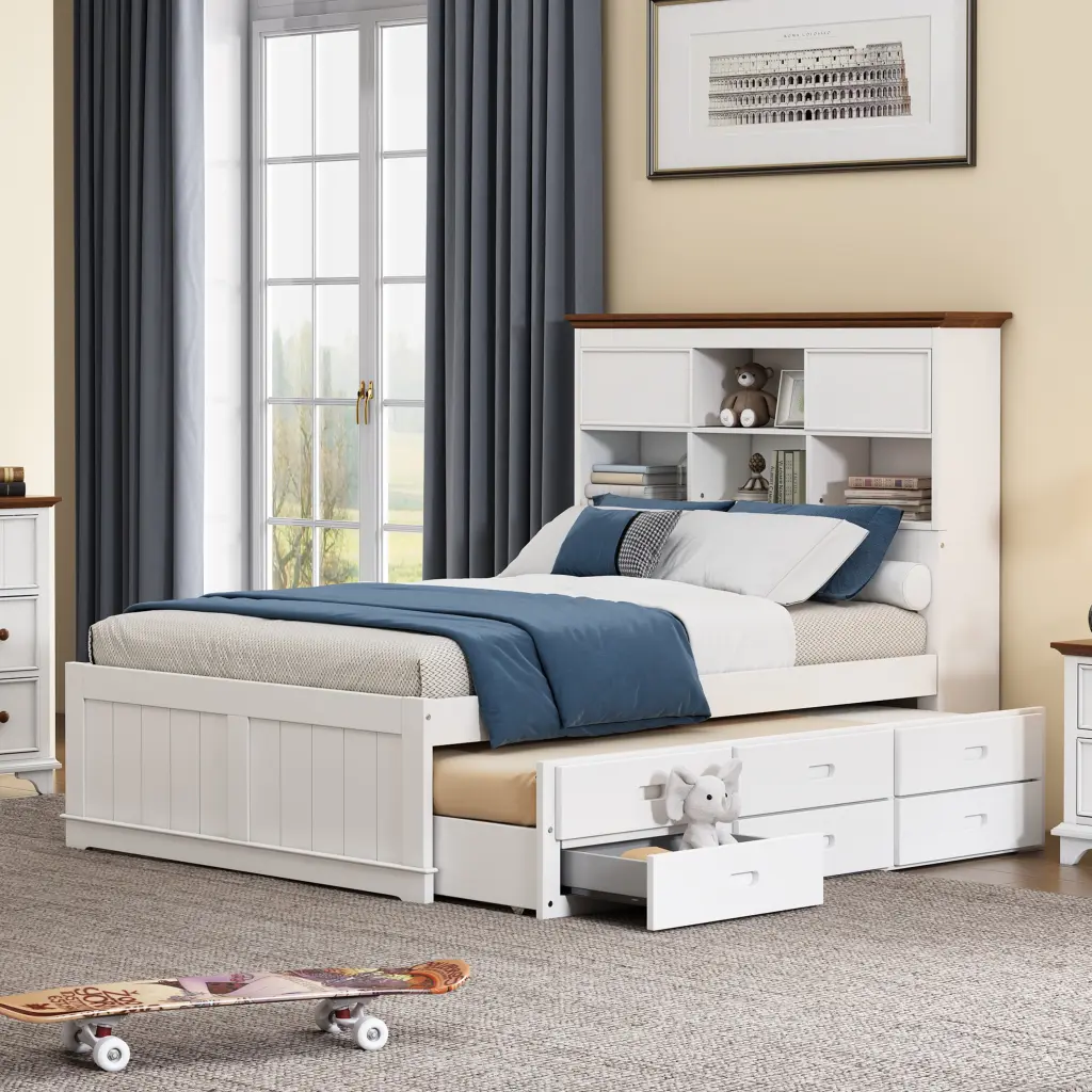 Solid Pine Captain Bookcase Bed Trundle and Underbed Storage bed best