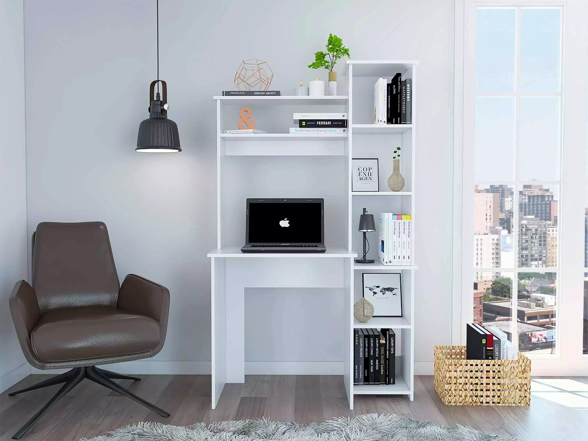 Pureline 6-Shelf Writing Desk Integrated Bookcase White Go Green Woods