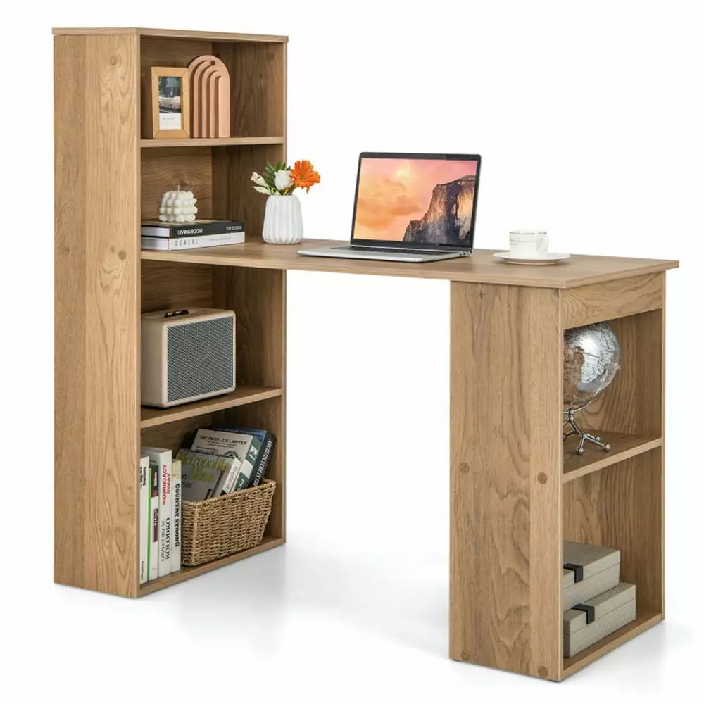 GVN 48 Inch Computer Desk 4-Tier Bookcase and CPU Stand Natural Finish