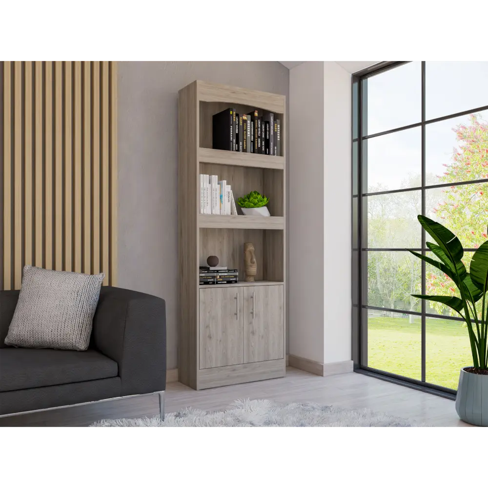 Bookcase Three Shelves Double Door Cabinet Metal Hardware Light Gray depot e-shop