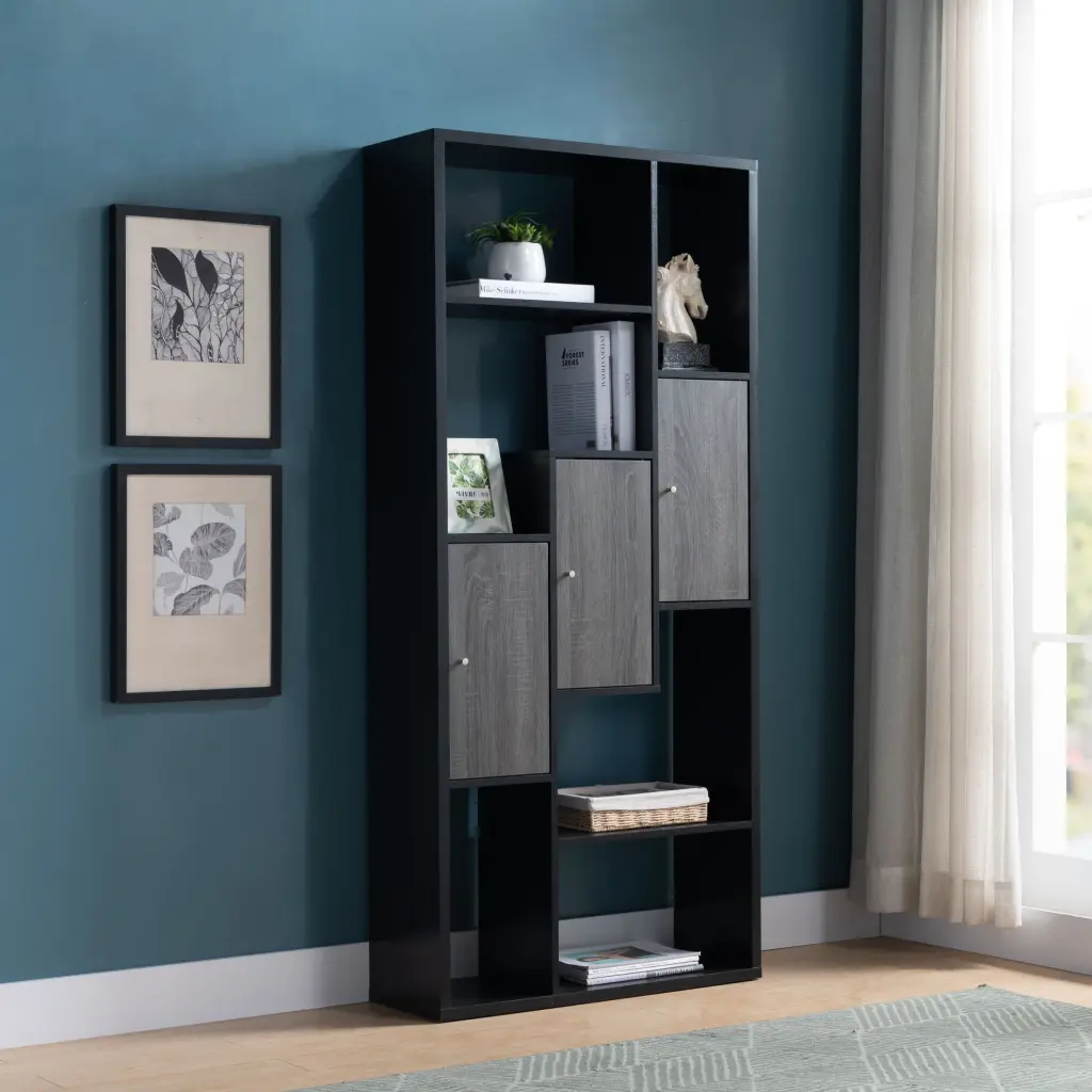 Bookcase Presentation Storage Cabinet, Multi Shelves Black & Distressed Grey id international- inc.