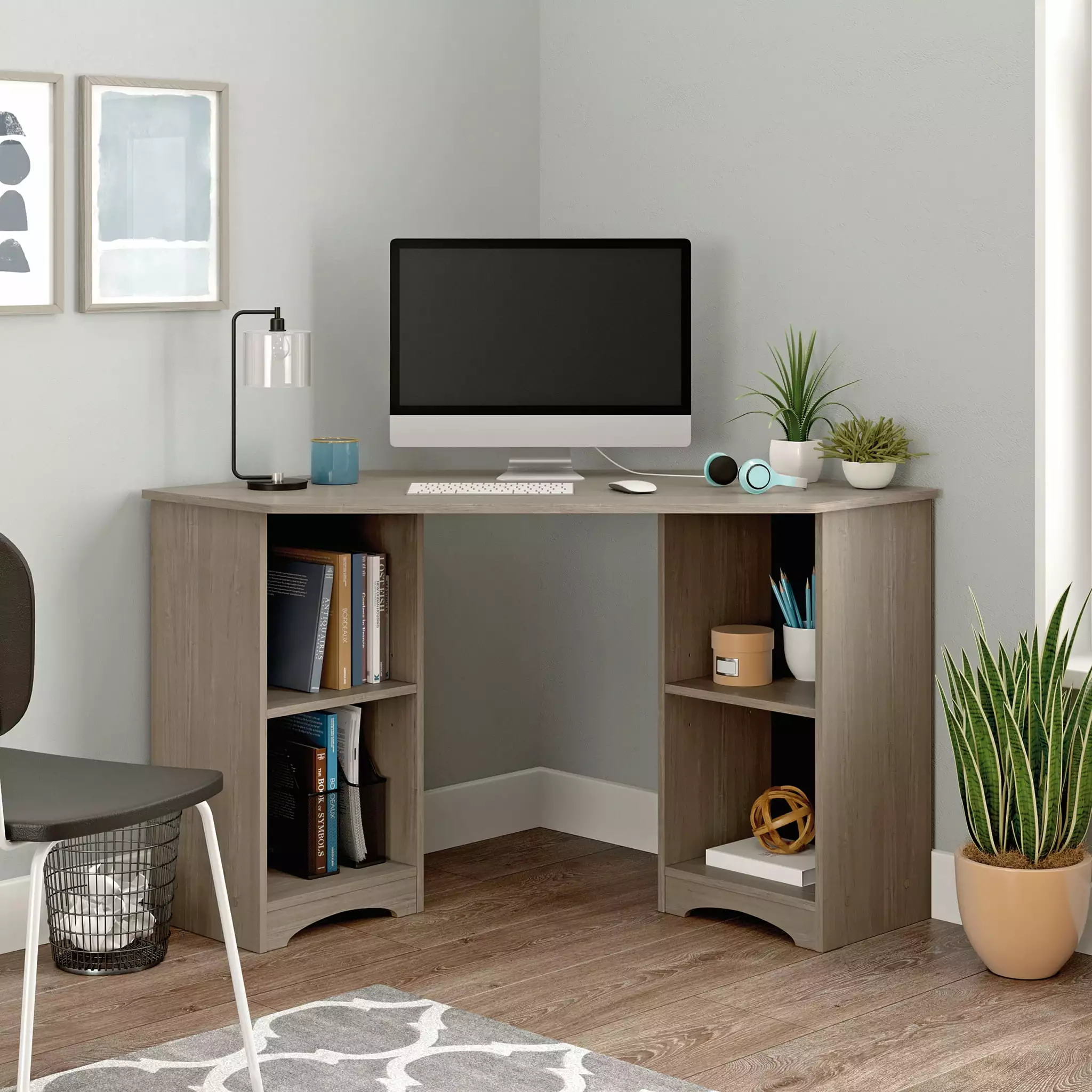 Sauder Beginnings Silver Sycamore Corner Desk Shelves Silver Sycamore Finish