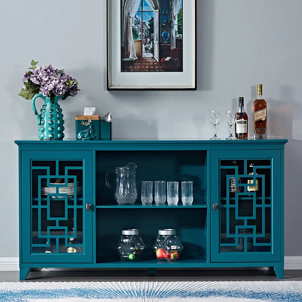 60 Inch Sideboard Buffet Table Storage Cabinet Teal Blue jaydenmax