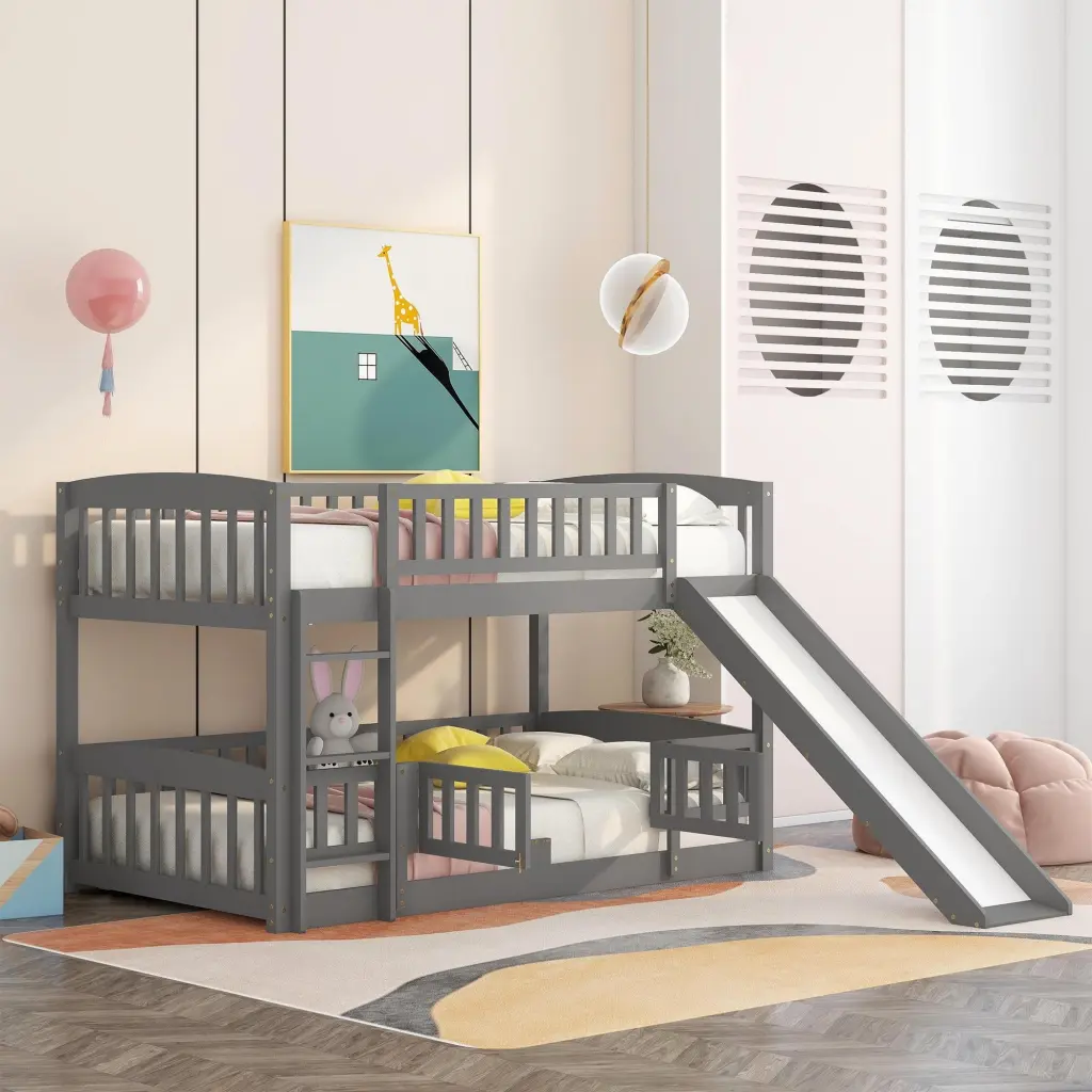 Twin Over Twin Low Bunk Bed Slide Safety Fence And Ladder lucky furniture