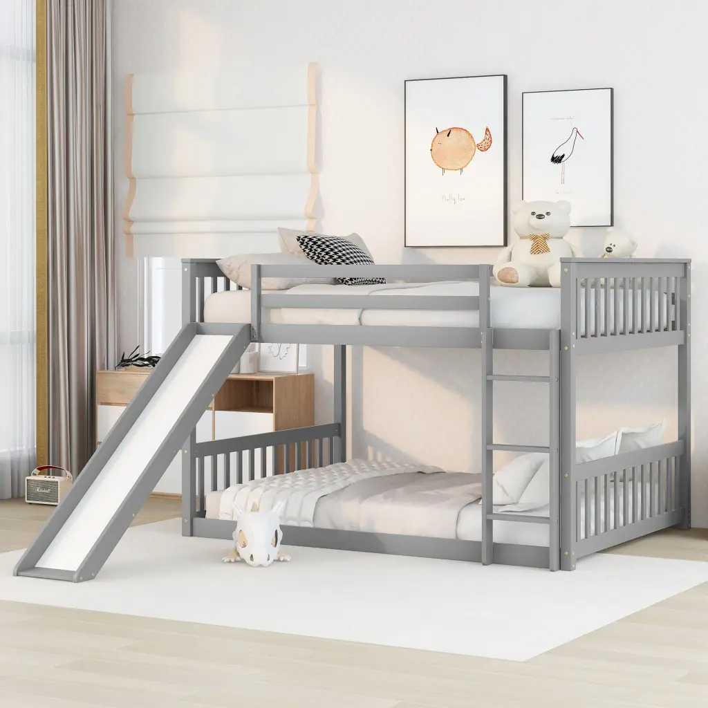 Full Over Full Bunk Bed Slide and Ladder Grey Pine Finish fangxing