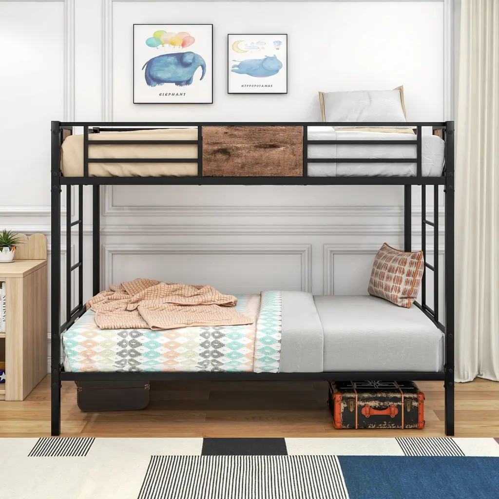 Twin Over Twin Metal Bunk Bed Black Finish No Box Spring Required home furniture