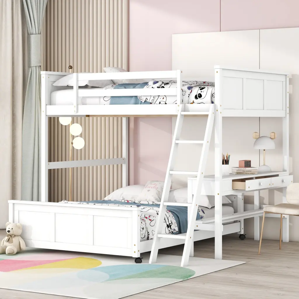 Full Over Full Bunk Bed Desk White Solid Wood MDF lucky furniture