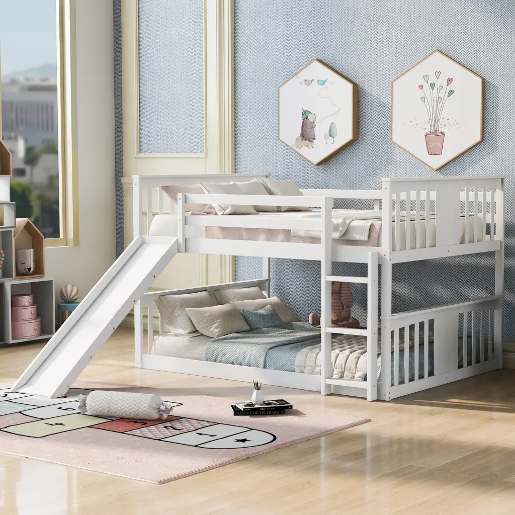 Full Over Full Bunk Bed Ladder And Slide White Kids Bedroom Furniture lucky furniture