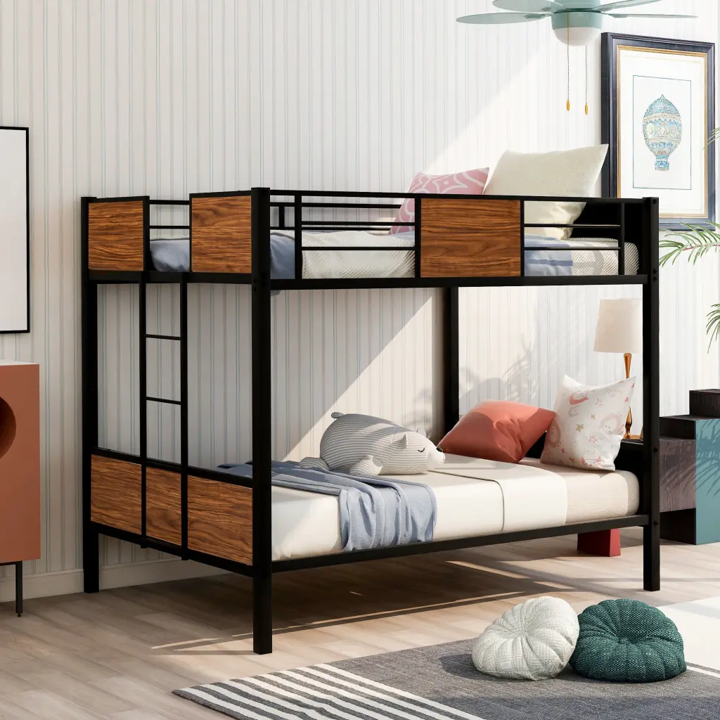 Full Over Full Bunk Bed Modern Style Steel Frame Bunk Bed Safety Rail lucky furniture