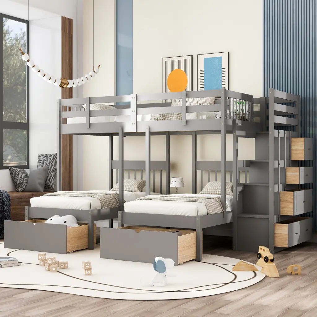 Full Over Twin & Twin Wood Triple Bunk Bed Drawers Space Saving Kids Bed lucky furniture
