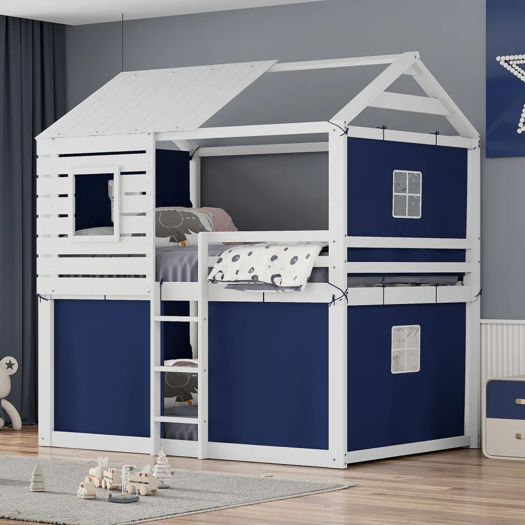 Full Size Bunk Wood Bed Tent Blue White Kids Bunk Bed lucky furniture
