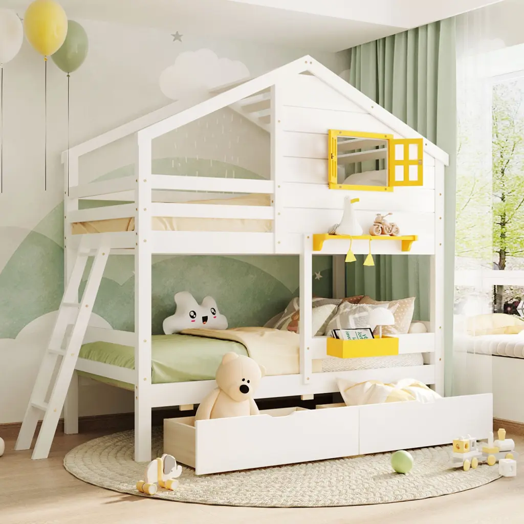 Twin Over Twin Bunk Bed 2 Drawers, Storage Box, Shelf, and Window lucky furniture