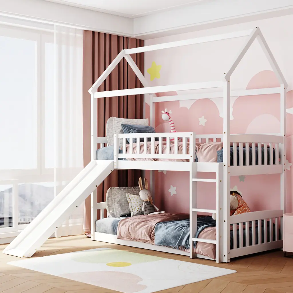 Twin Over Twin Bunk Bed Slide White Farmhouse Style lucky furniture