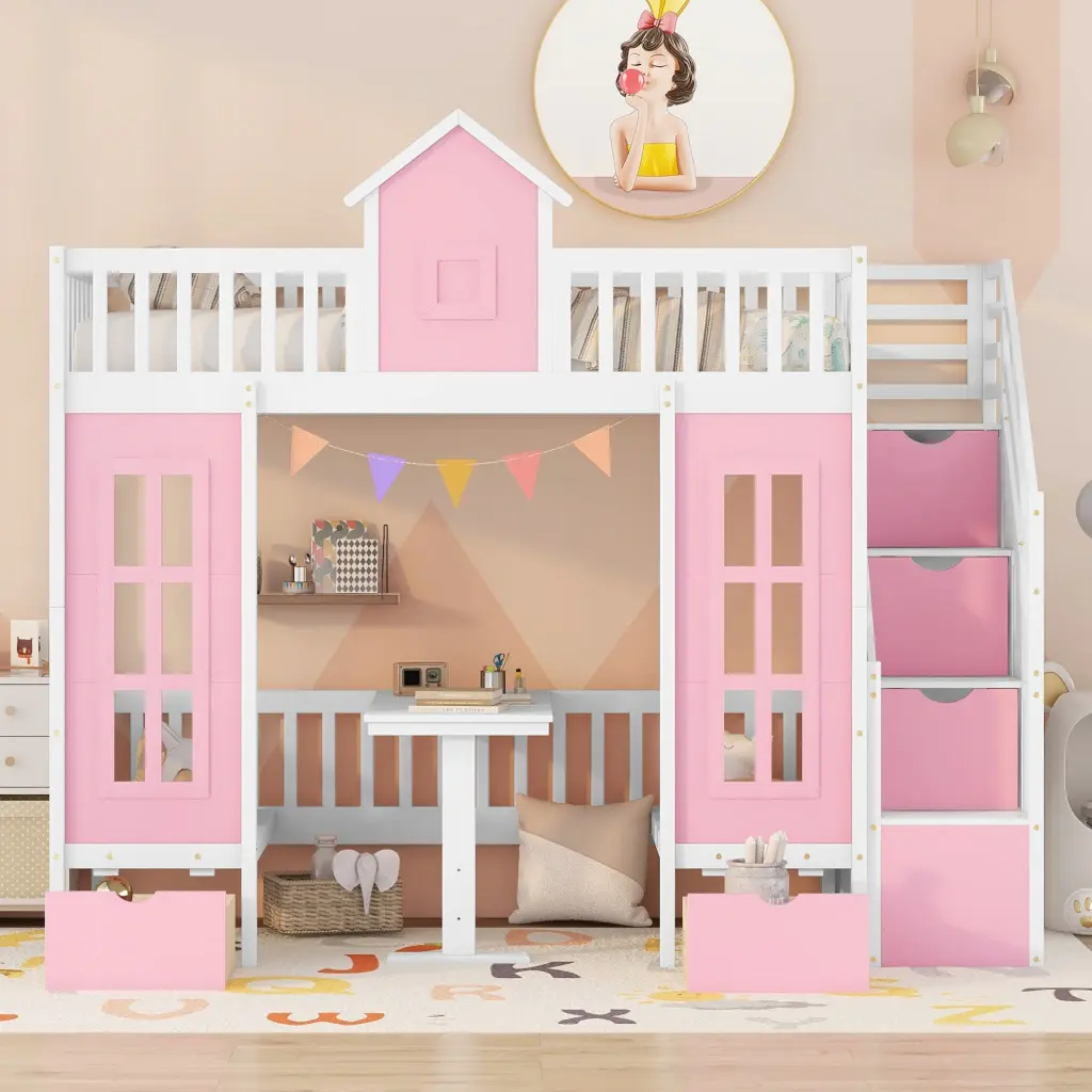 Twin Over Twin Bunk Bed Transformable Table Converts to Upper and Lower Beds lucky furniture