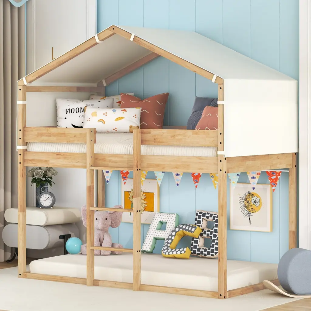 Twin Over Twin Bunk Bed Wood Bed Tent Natural Solid Wood lucky furniture