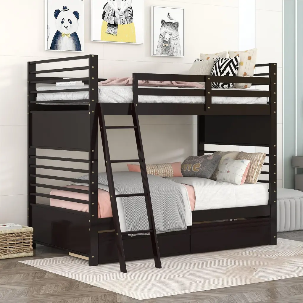 Twin Over Twin Wood Bunk Bed Two Drawers, Espresso Finish Solid Wood Frame lucky furniture