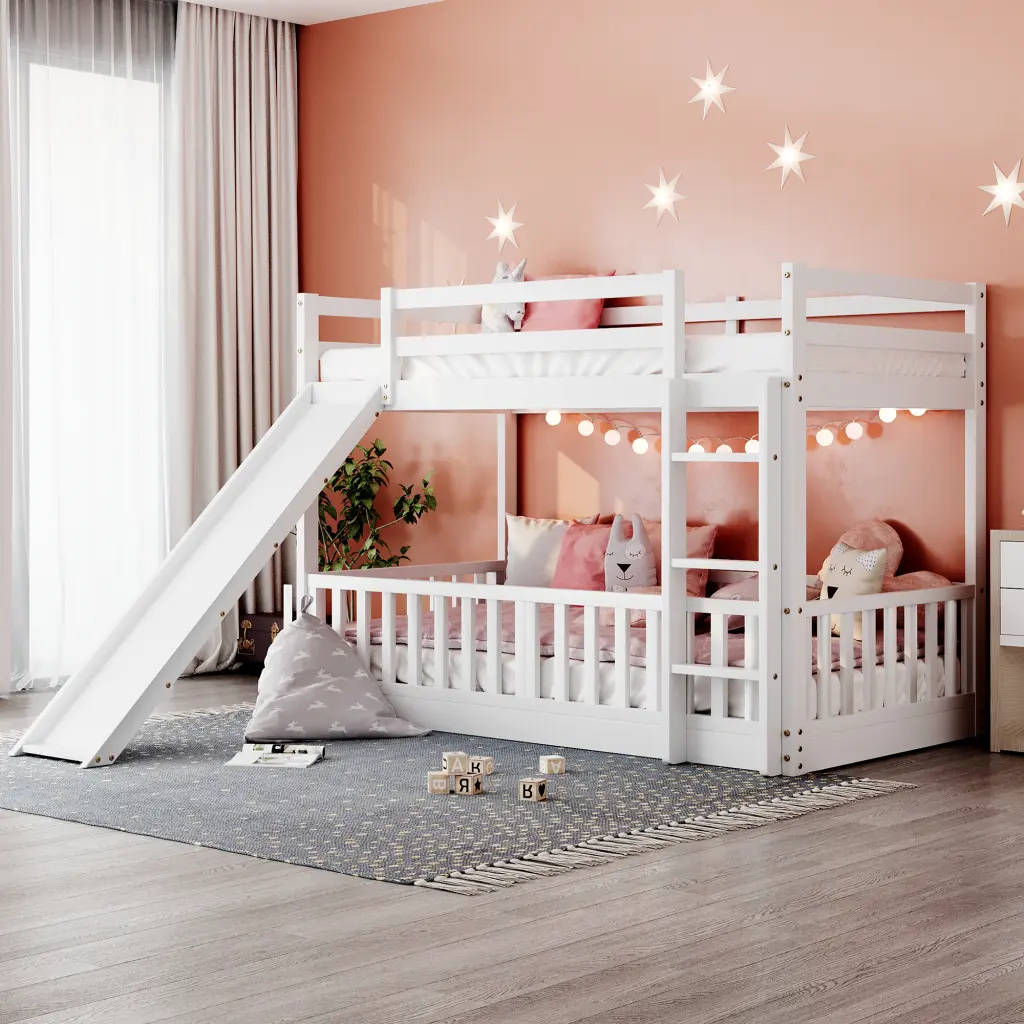 White Twin Over Twin Bunk Bed Slide And Ladder Kids lucky furniture