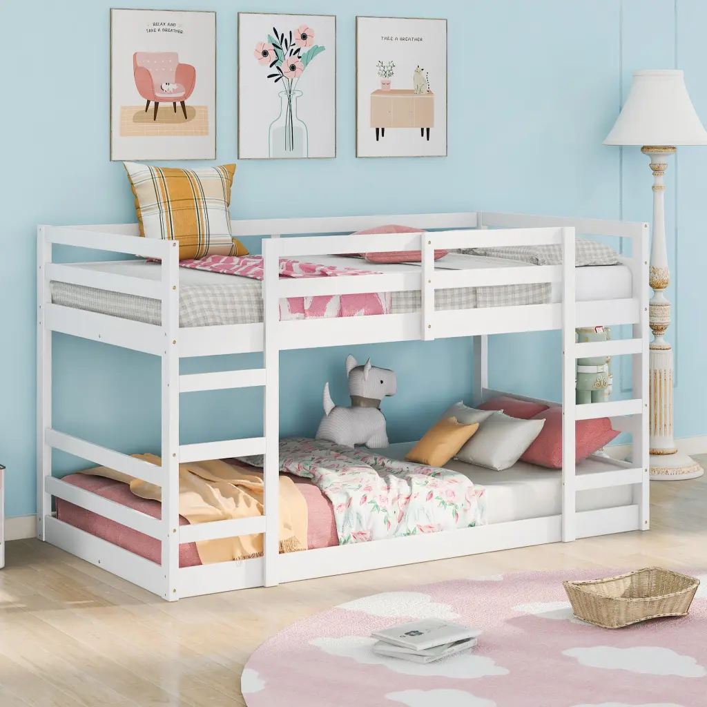 White Twin Over Twin Bunk Bed Ladder Kids and Teens lucky furniture