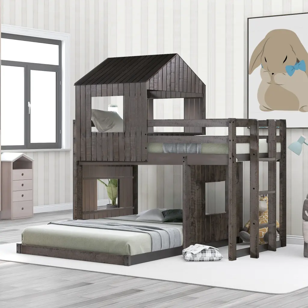 Wooden Twin Over Full Bunk Bed Playhouse and Farmhouse Design lucky furniture