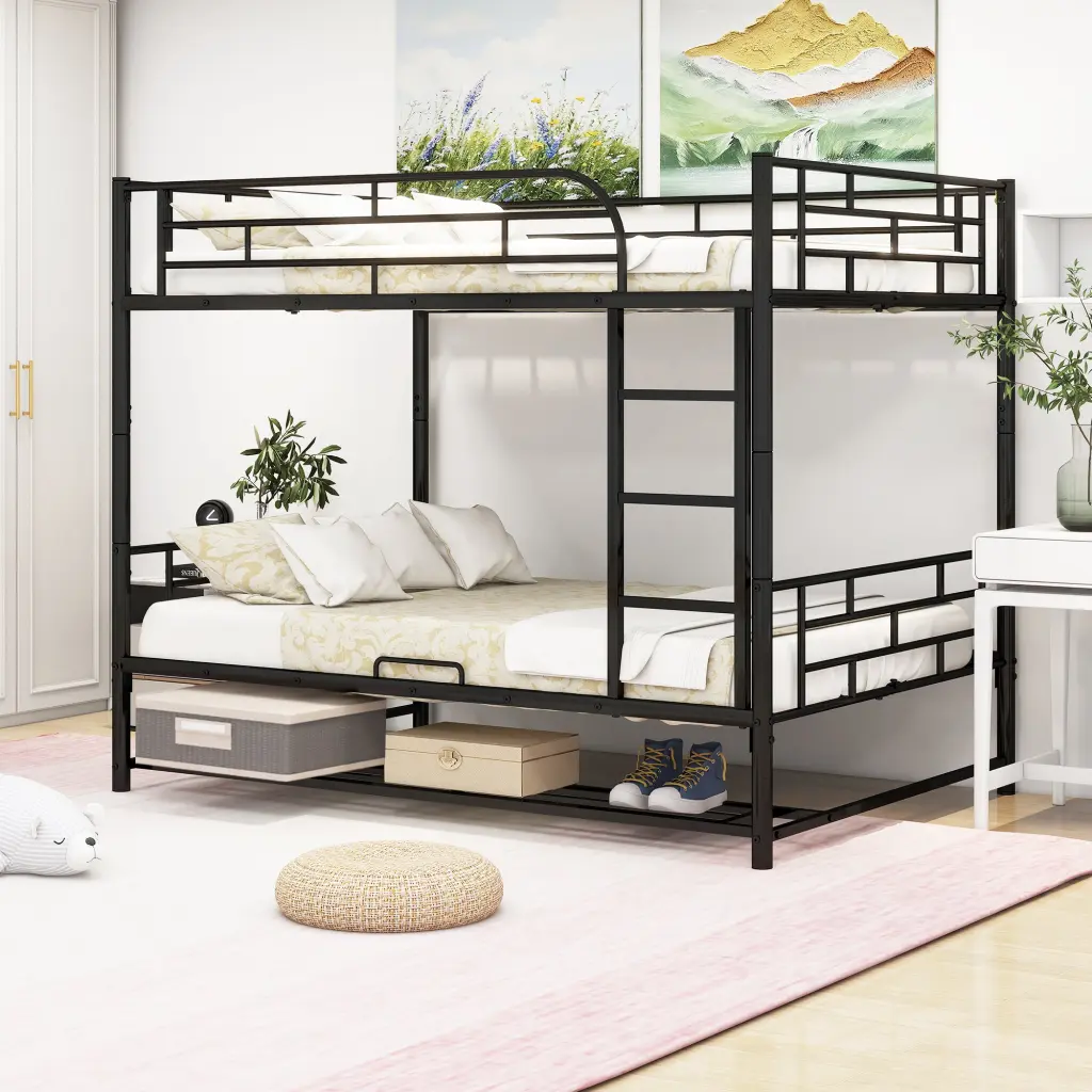 Full Over Full Metal Bunk Bed Shelf And Guardrails Black Space Saving Bed lucky world