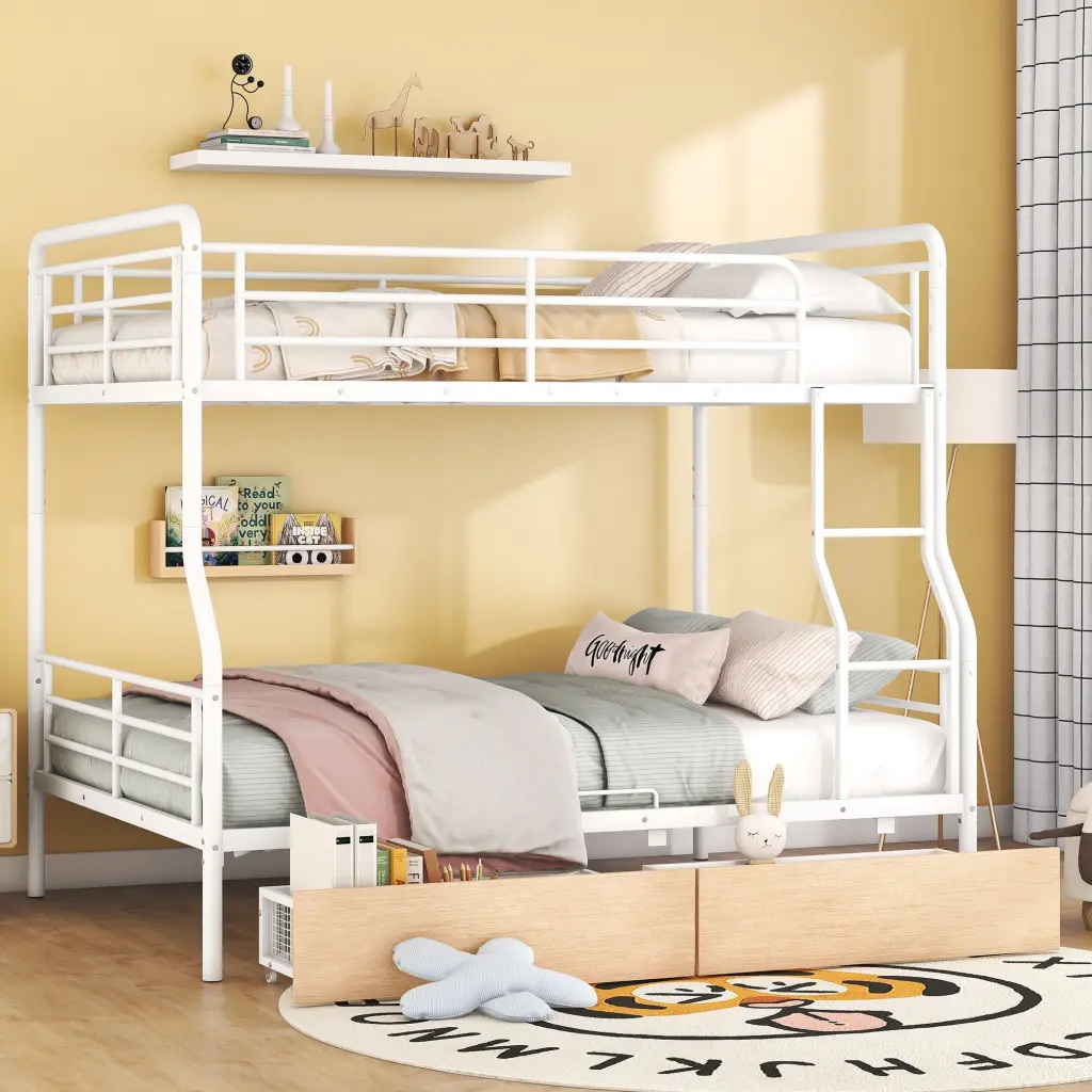 Full XL Over Queen Metal Bunk Bed 2 Drawers White Iron lucky world