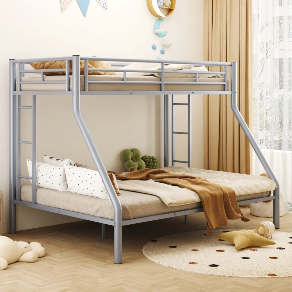 Twin XL Over Queen Metal Bunk Bed Ladder And Guardrails Silver Space Saving Bed Frame wm dreamland