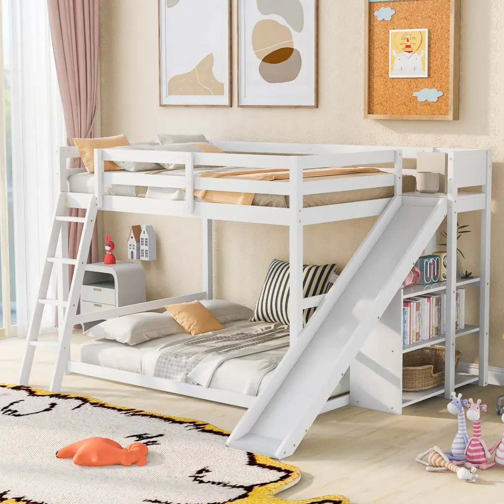 Full Over Full Bunk Bed Ladder Slide and Shelves White Kids Bedroom Furniture wm store