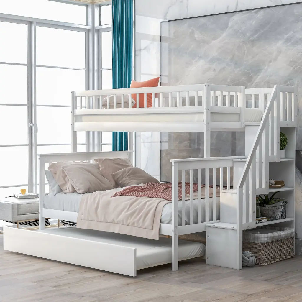 Twin Over Full Bunk Bed Trundle And Staircase White Pine wm store