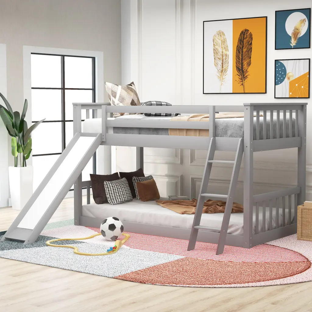 Twin Over Twin Bunk Bed Convertible Slide And Ladder Gray Space Saving Kids Bed wm store