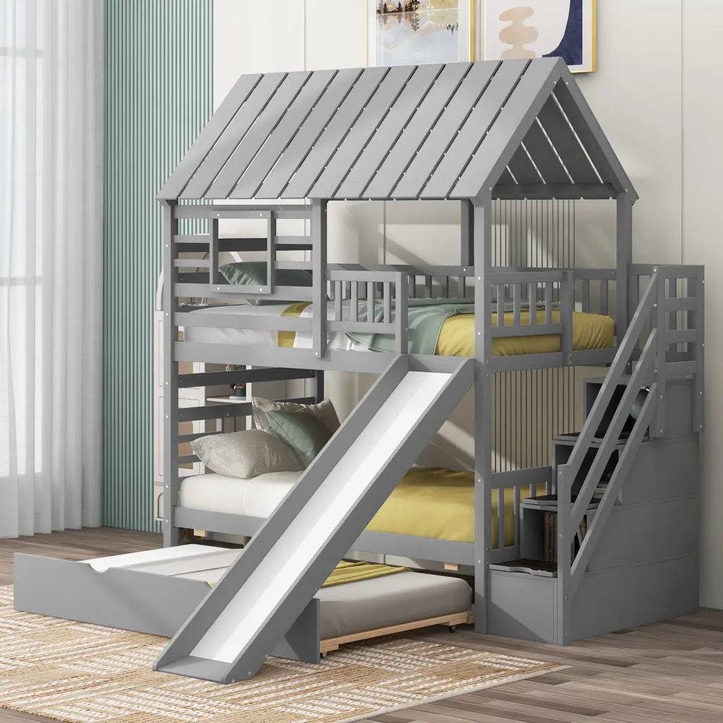 Twin Over Twin Bunk Bed Trundle And Slide Storage Staircase wm store