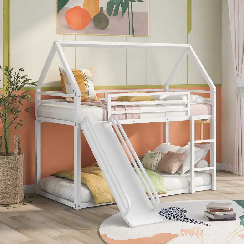 Twin Over Twin Houtilize Bunk Bed Ladder and Slide White Metal wm store