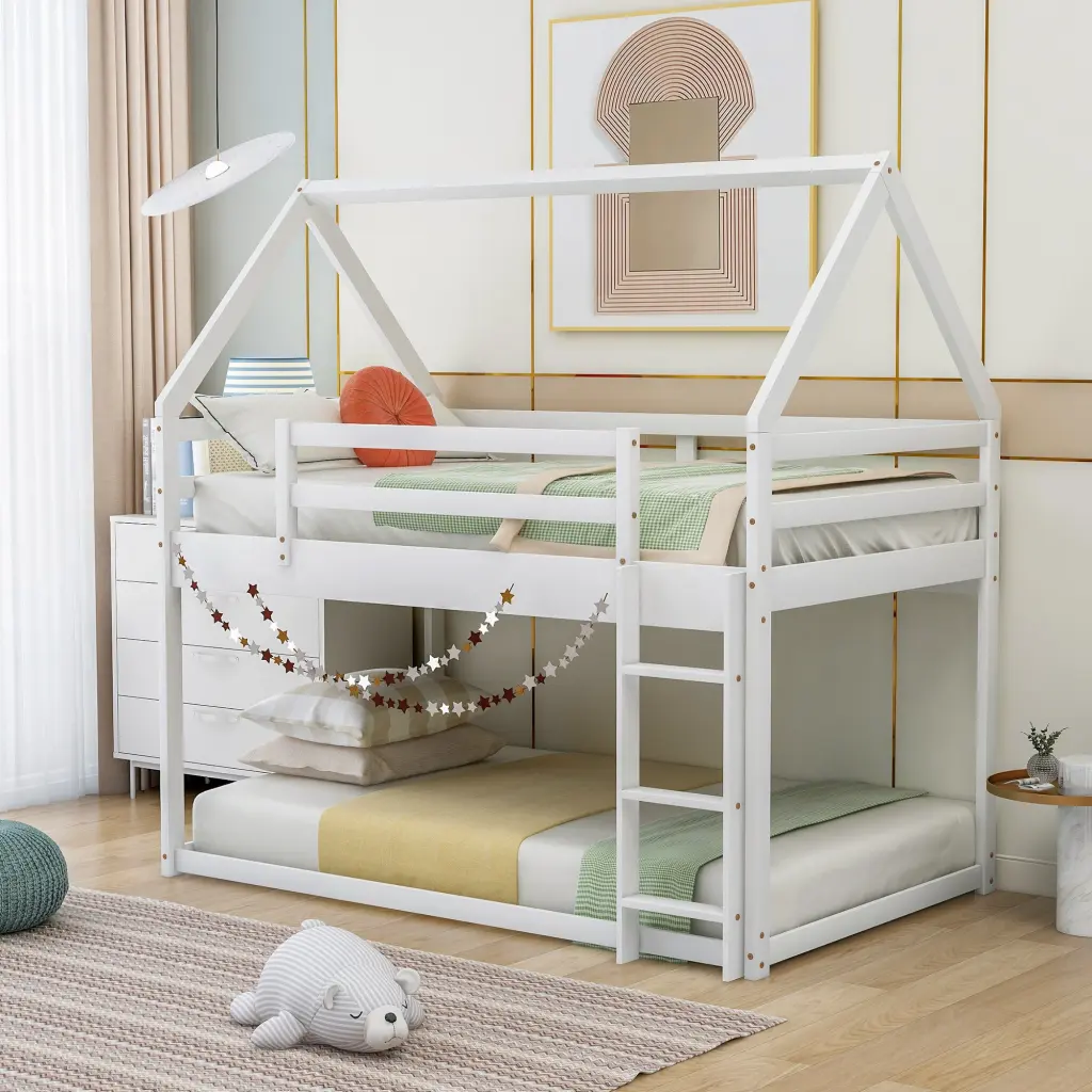 Twin Over Twin Low Bunk Bed Houtilize Bed Ladder White wm store