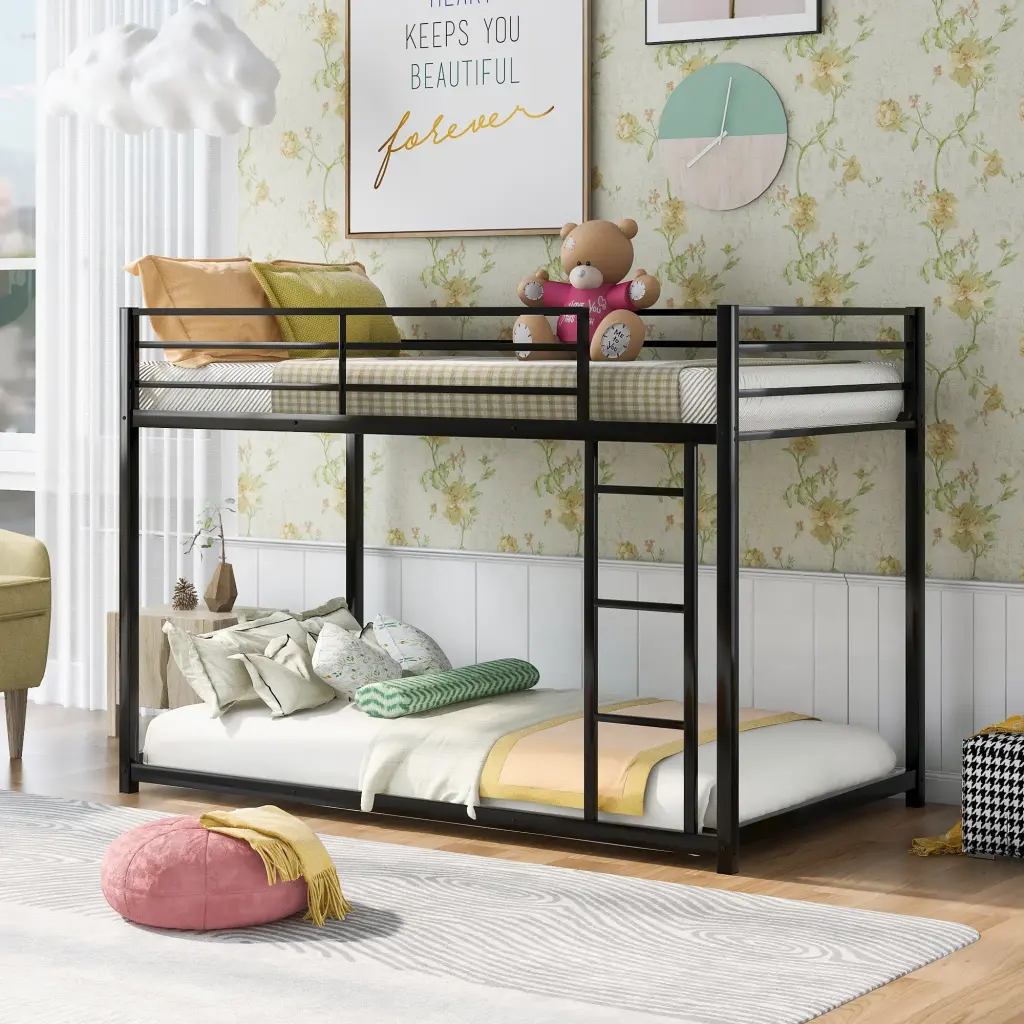 Twin Over Twin Metal Bunk Bed Low Bunk Bed Ladder Black wm store