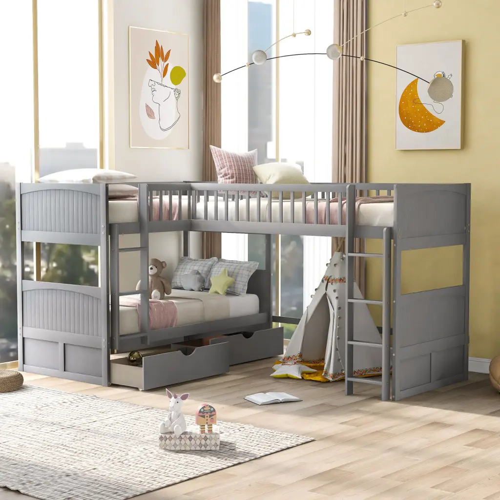 Twin Size Bunk Bed Loft Bed and Two Storage Drawers Gray wm store