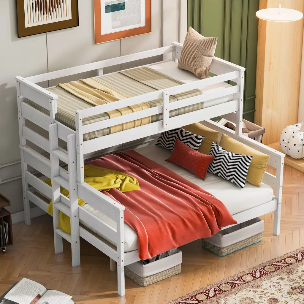 White Wood Twin XL Over Queen Bunk Bed Ladder No Box Spring Needed wm store