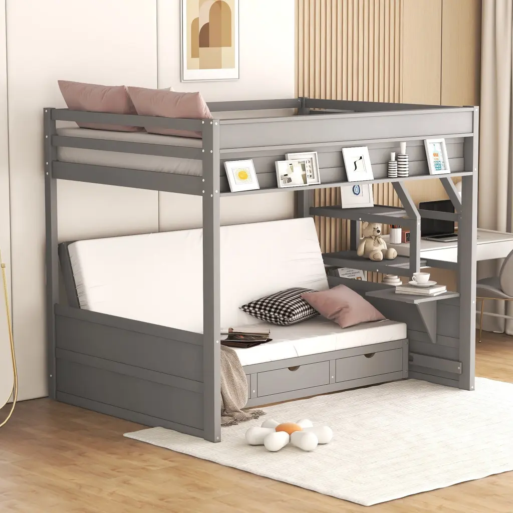 Wood Full Size Convertible Bunk Bed Storage Staircase Bedside Table wm store