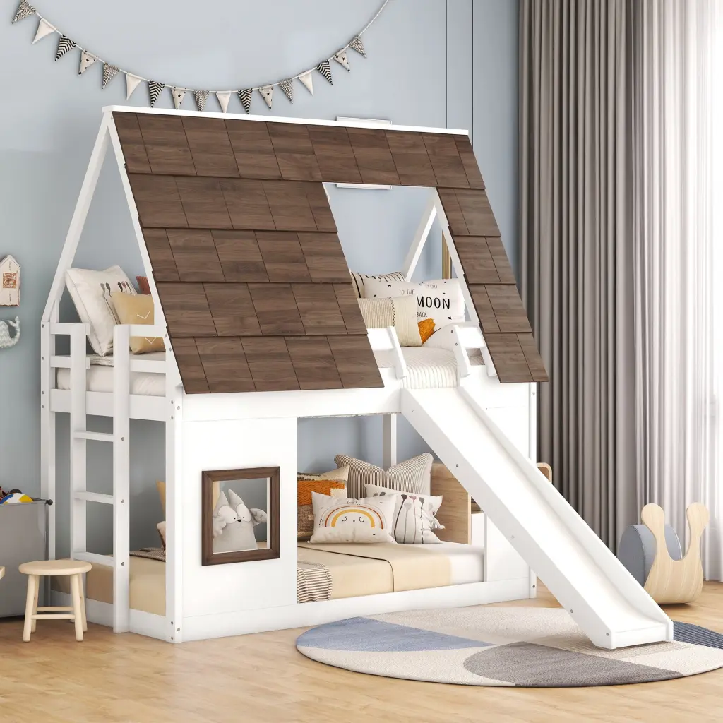 Wood Twin Size Houtilize Bunk Bed Roof, Ladder And Slide, White Brown wm store