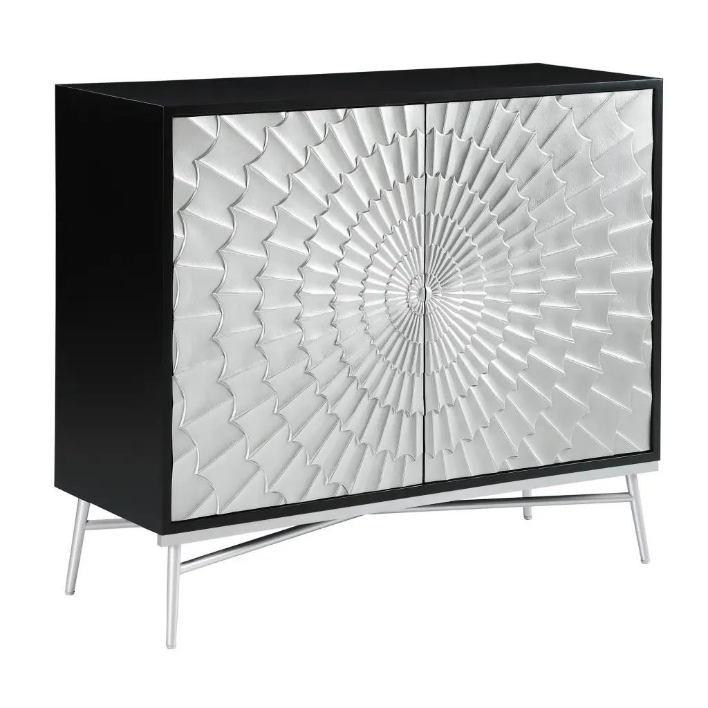 44 Inch 2 Door Accent Cabinet Console Steel Legs Silver Medallion Modern Living Room Storage royal hampton