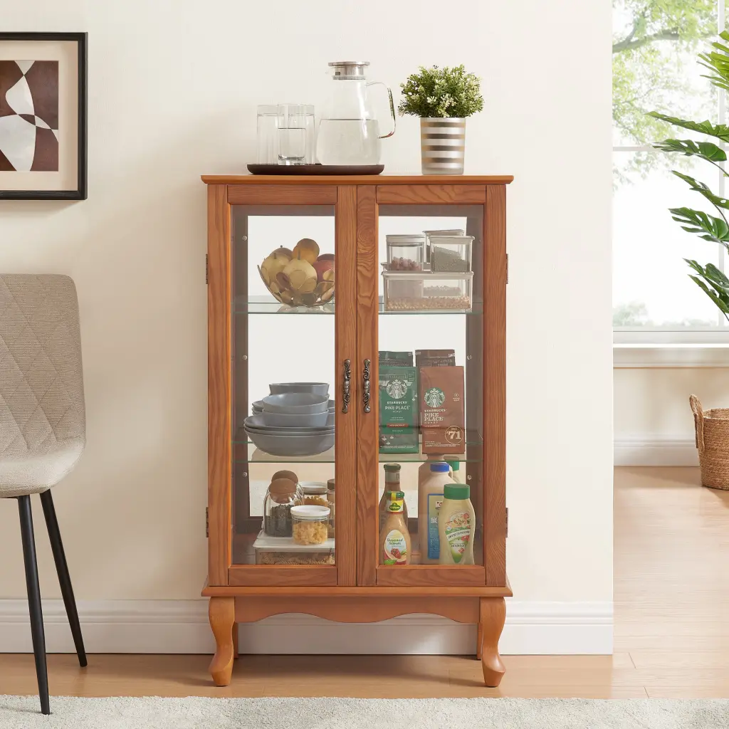 2 Door Curio Cabinet Tempered Glass and Mirror Back rnb