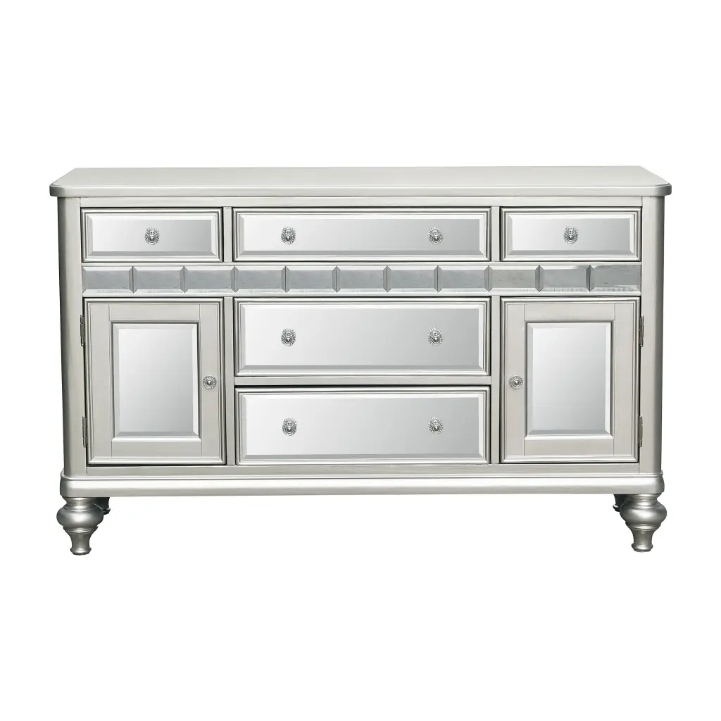 Sparkling Silver Finish Mirrored 1Pc Server 5X Drawers 2X Cabinets Elegant Storage Furniture kanepe
