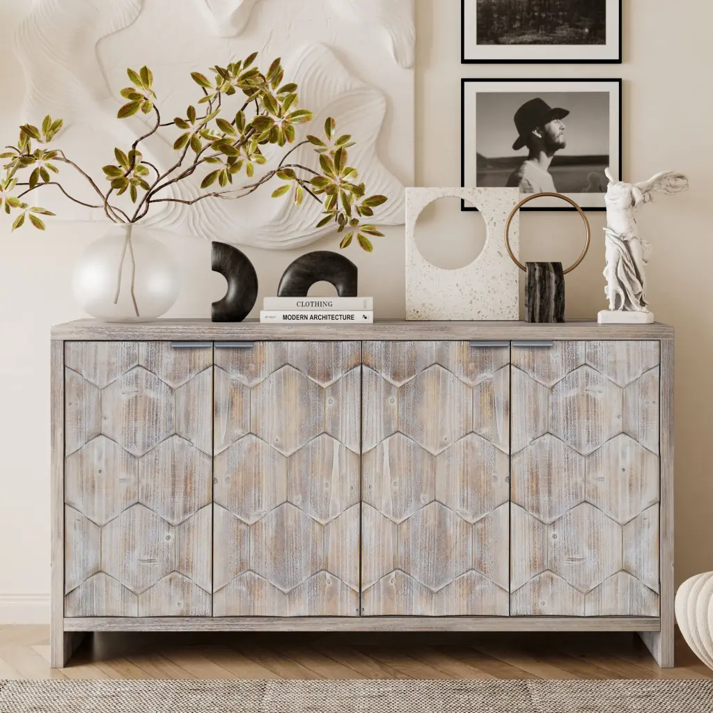 Accent Cabinet Farmhouse Style 4 Door Wooden Sideboard Buffet fs furniture