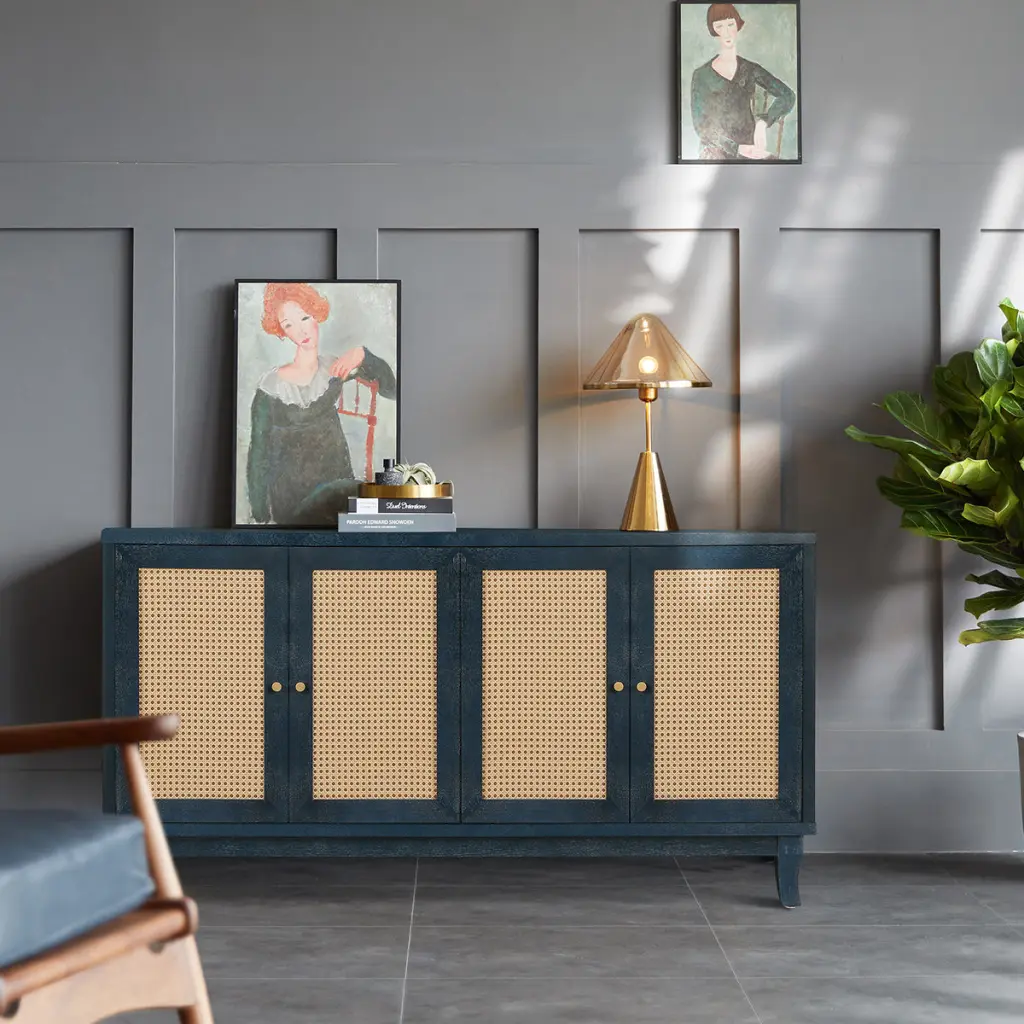 Artisan-made Luxury Grain Panels Rattan Sideboard Buffer Cabinet rnb